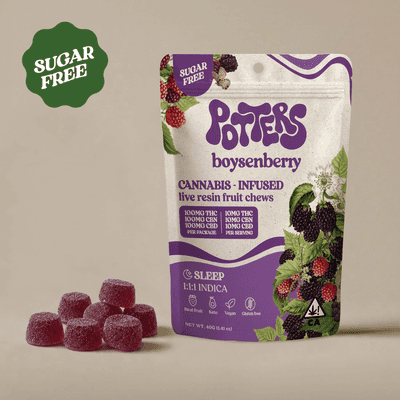 Potters Fruit Chew Sugar-Free Live Resin Indica Boysenberry 10pk 100 THC 100 CBD 100 CBN