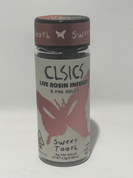 A photograph of CLSICS Rosin Preroll 5pk .5g Hybrid Sweet Tooth