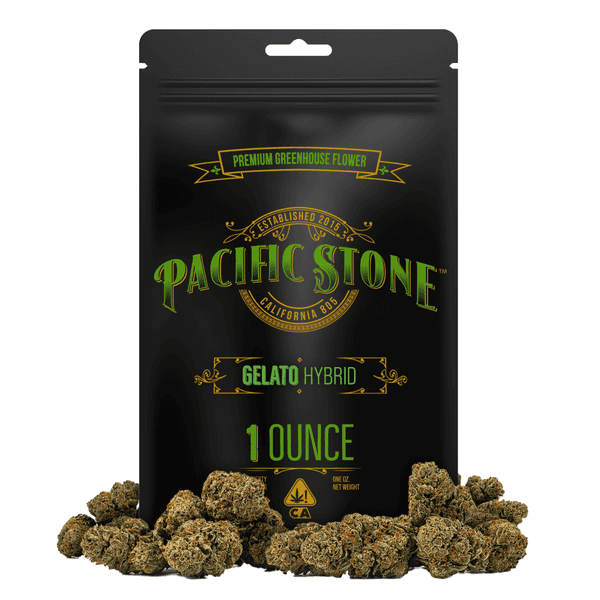 A photograph of Pacific Stone Flower 28.0g Pouch Hybrid Gelato 4ct