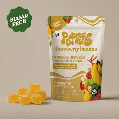Potters Fruit Chew Sugar-Free Live Resin Sativa Strawberry Banana 10pk 100mg THC