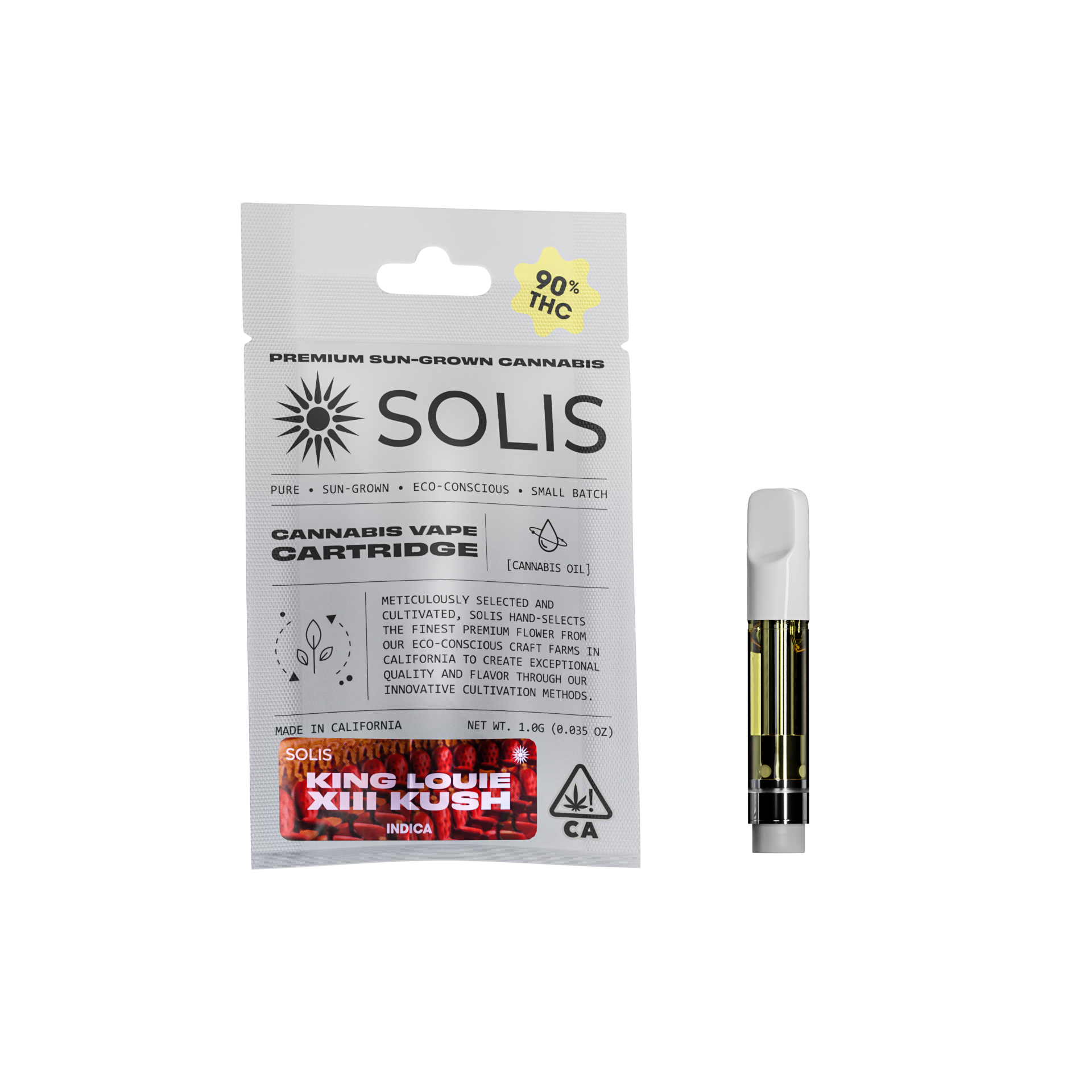 A photograph of Solis Cartridge 1g Indica King Louie XIII Kush