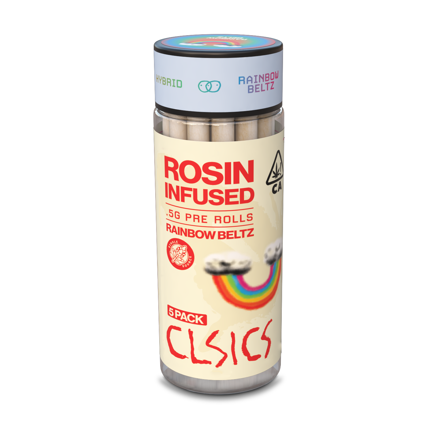 A photograph of CLSICS Rosin Preroll 5pk .5g Hybrid Rainbow Beltz