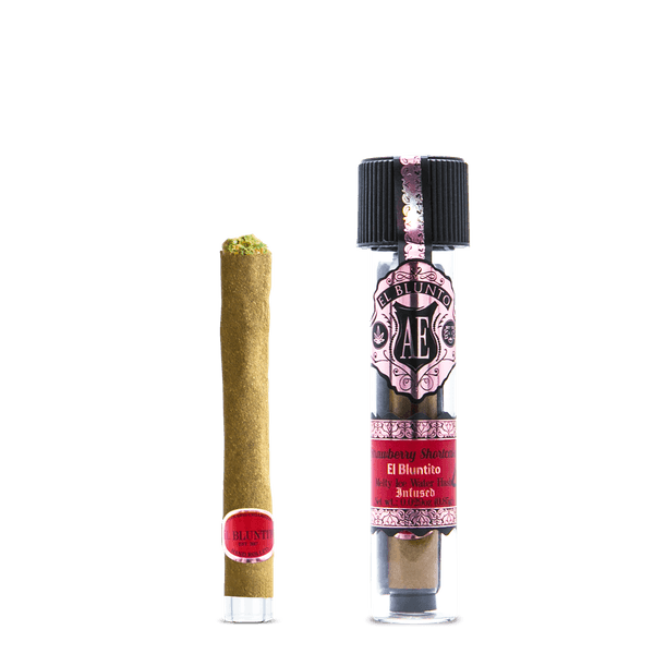 A photograph of El Blunto Rose Gold Hash Bluntito .85g Indica Strawberry Shortcake 16ct