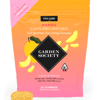 A photograph of Garden Society Gummy Mango 1:1 THC/CBD 100mg 20pk