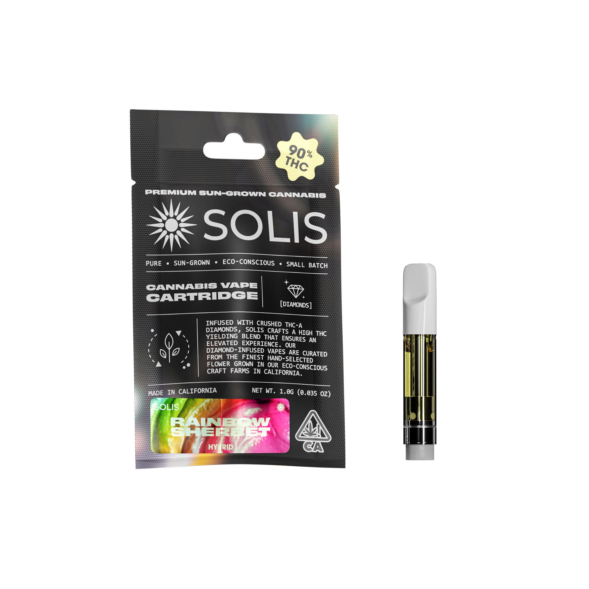 A photograph of Solis Diamond Enhanced Cartridge 1g Hybrid Rainbow Sherbet