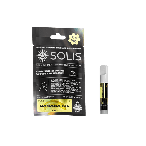 A photograph of Solis Diamond Enhanced Cartridge 1g Indica Banana Ice