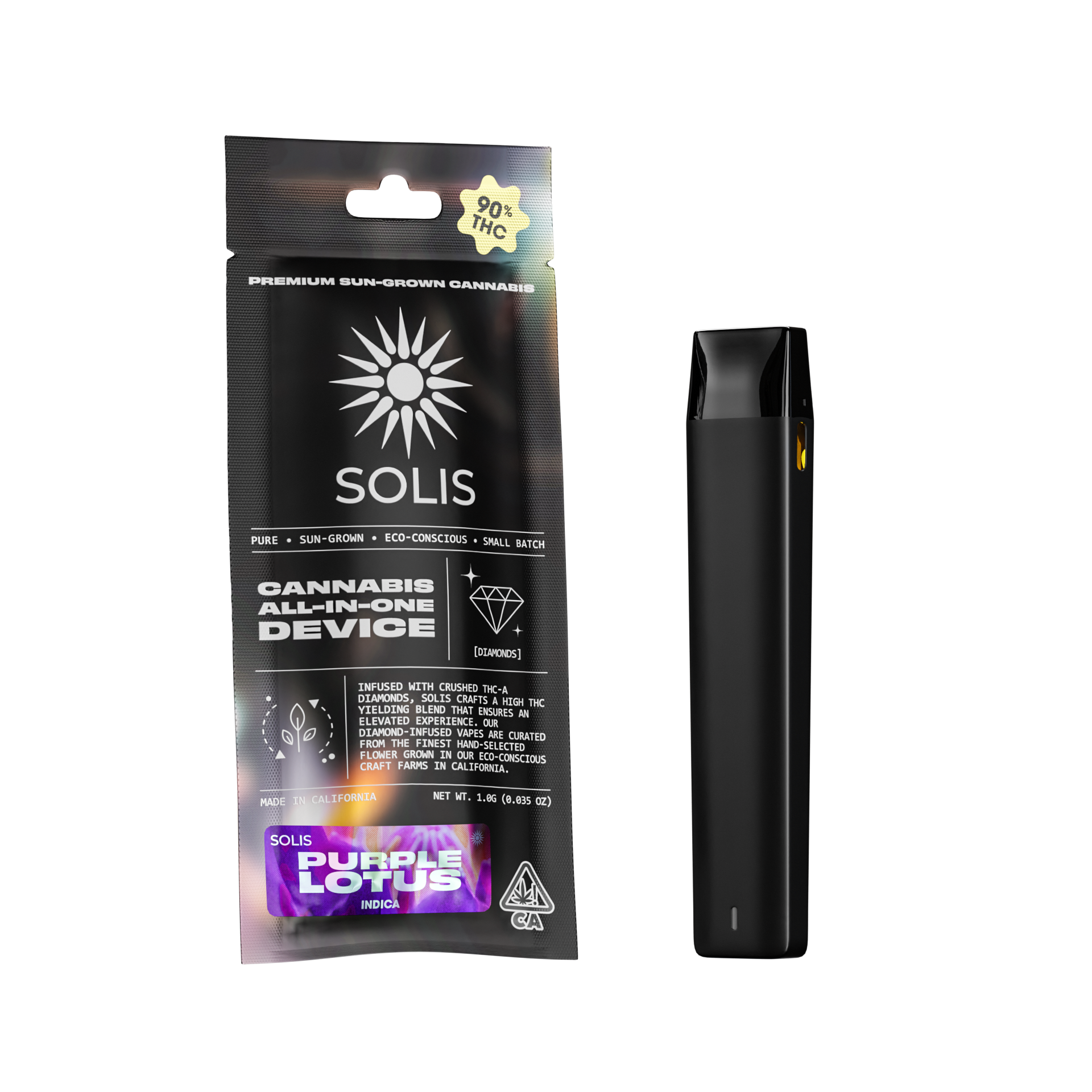 A photograph of Solis Diamond Enhanced All-In-One 1g Indica Purple Lotus