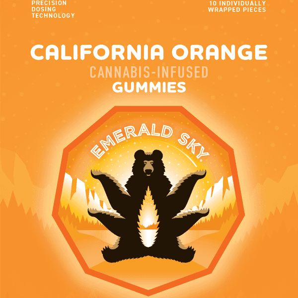 A photograph of Emerald Sky Gummies 10ct 100mg Sativa California Orange