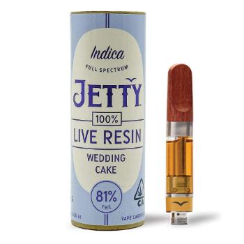 A photograph of Jetty Cartridge 1g Unrefined LR Wedding Cake