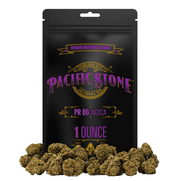 A photograph of Pacific Stone Flower 28.0g Pouch Indica PR OG 4ct