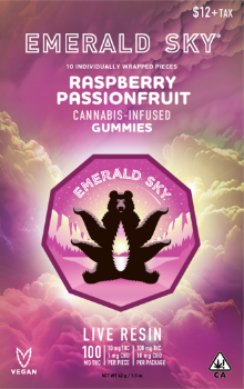 A photograph of Emerald Sky LR Gummies 10pk 100mg Raspberry Passionfruit (New Package)