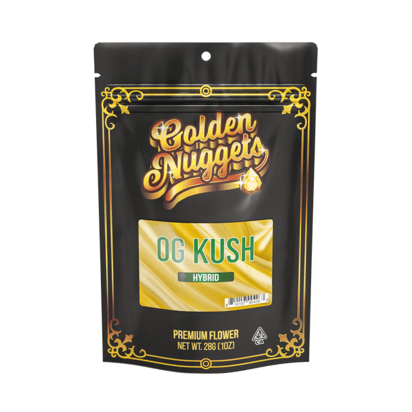 A photograph of Golden Nuggets Flower 28g Bag Hybrid Og Kush