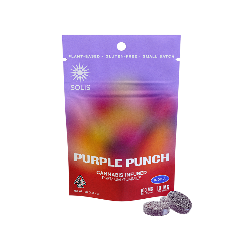 A photograph of Solis Gummies Indica Purple Punch 10pk