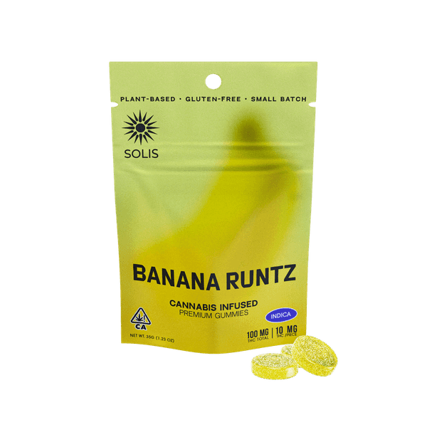 A photograph of Solis Gummies Indica Banana Runtz 10pk