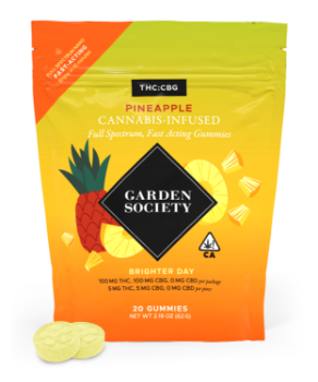 A photograph of Garden Society CBG Gummy Pineapple 1:1 THC/CBG 100mg 20pk