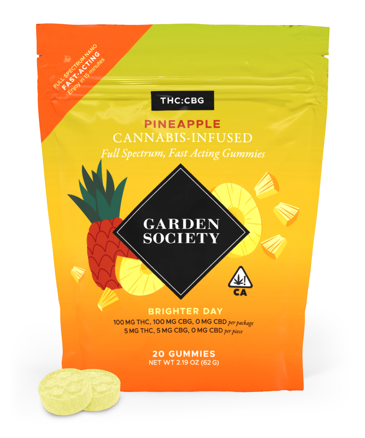 A photograph of Garden Society CBG Gummy Pineapple 1:1 THC/CBG 100mg 20pk