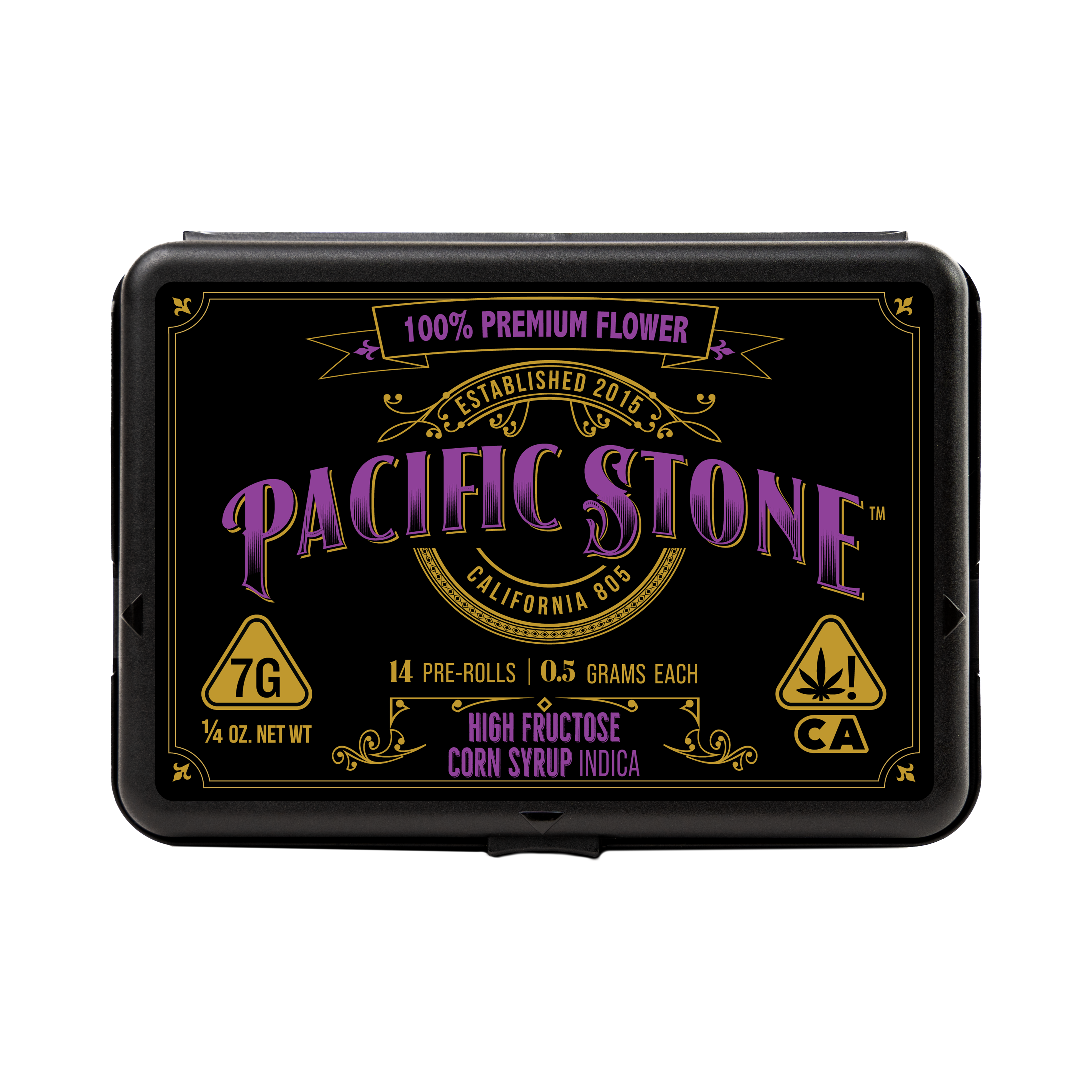 A photograph of Pacific Stone Preroll 0.5g Indica High Fructose Corn Syrup 14-Pack 7.0g