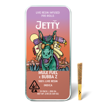 A photograph of Jetty Live Resin Preroll Mule Fuel x Bubba Z 10pk