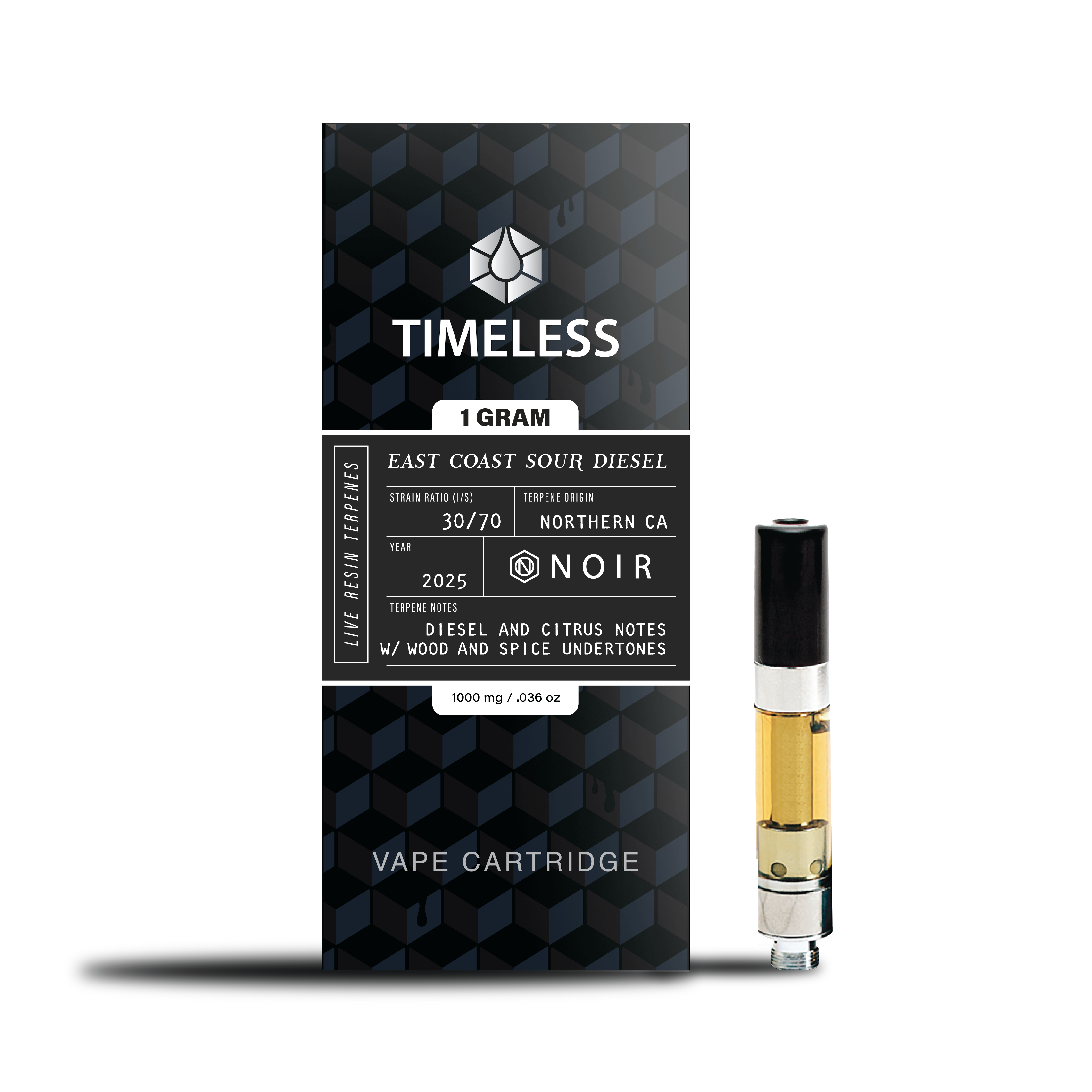 A photograph of Timeless Cartridge Noir 1g East Coast Sour Diesel