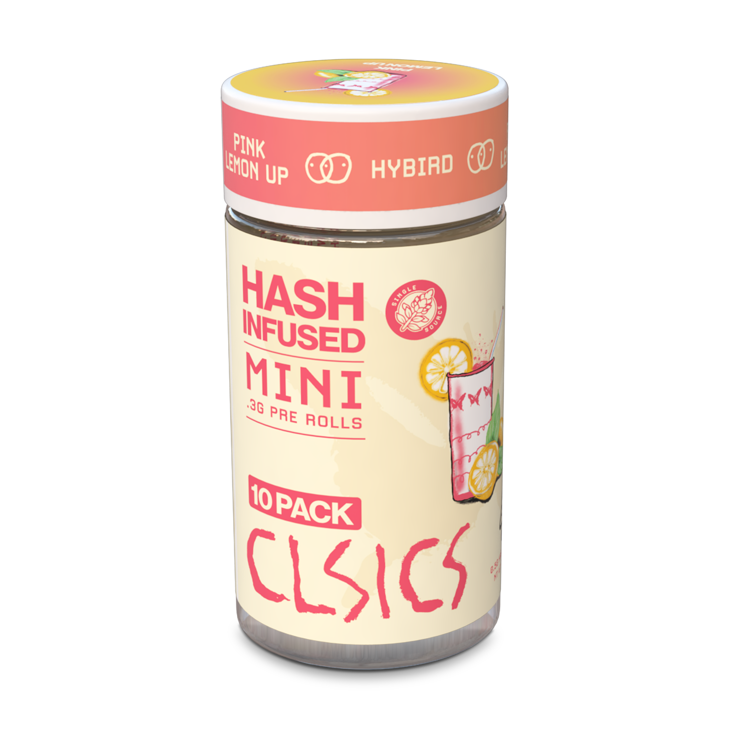 A photograph of CLSICS Hash Preroll 10pk Hybrid Pink Lemon Up