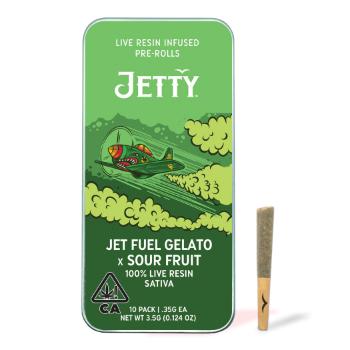 A photograph of Jetty Live Resin Preroll Jet Fuel Gelato x Sour Fruit 10pk