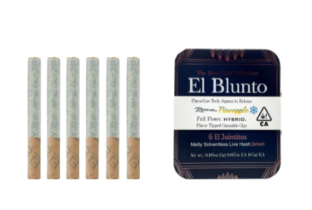 A photograph of El Blunto FlavorCore Hash Jointito .5g Hybrid Roma Pineapple 6pk 3g 16ct