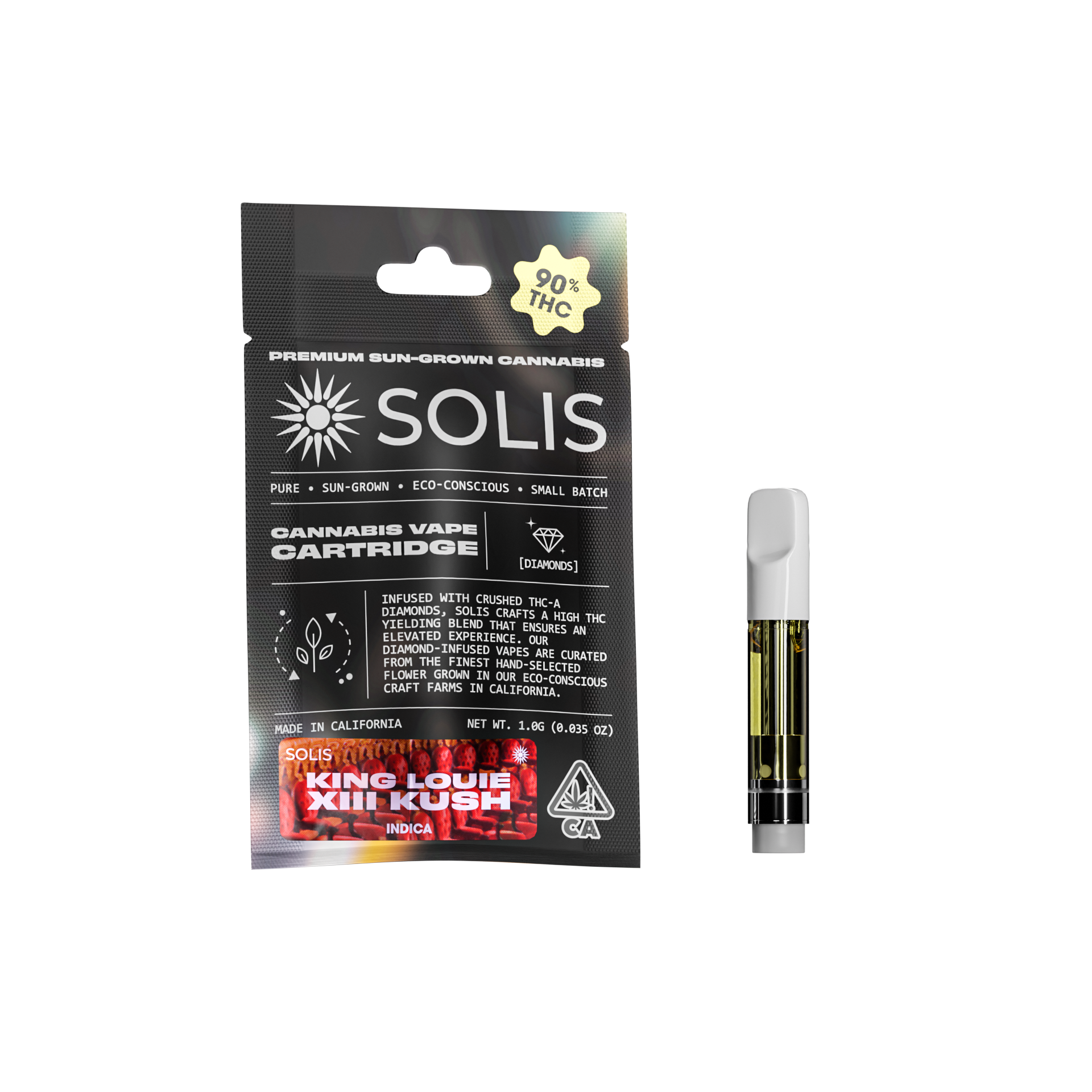 A photograph of Solis Diamond Enhanced Cartridge 1g Indica King Louie XIII Kush