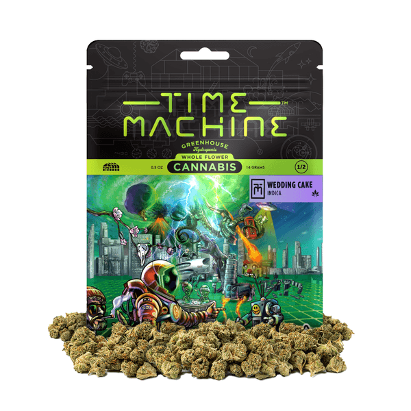 A photograph of Time Machine Flower 14g Indica Wedding Cake 8ct