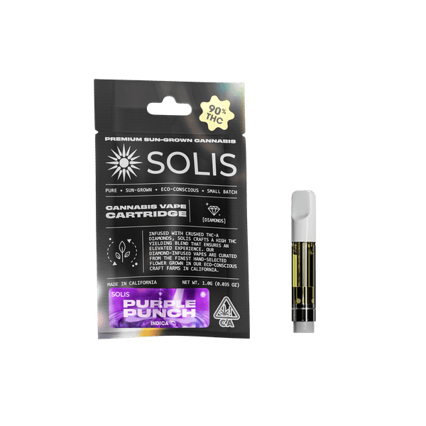 A photograph of Solis Diamond Enhanced Cartridge 1g Indica Purple Punch