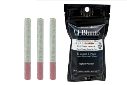 A photograph of El Blunto FlavorCore Diamond Jointo .6g Indica Graff Strawberry Freez 3pk 1.8g