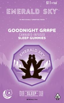 A photograph of Emerald Sky Gummies 10ct 100mg Goodnight Grape Sleep