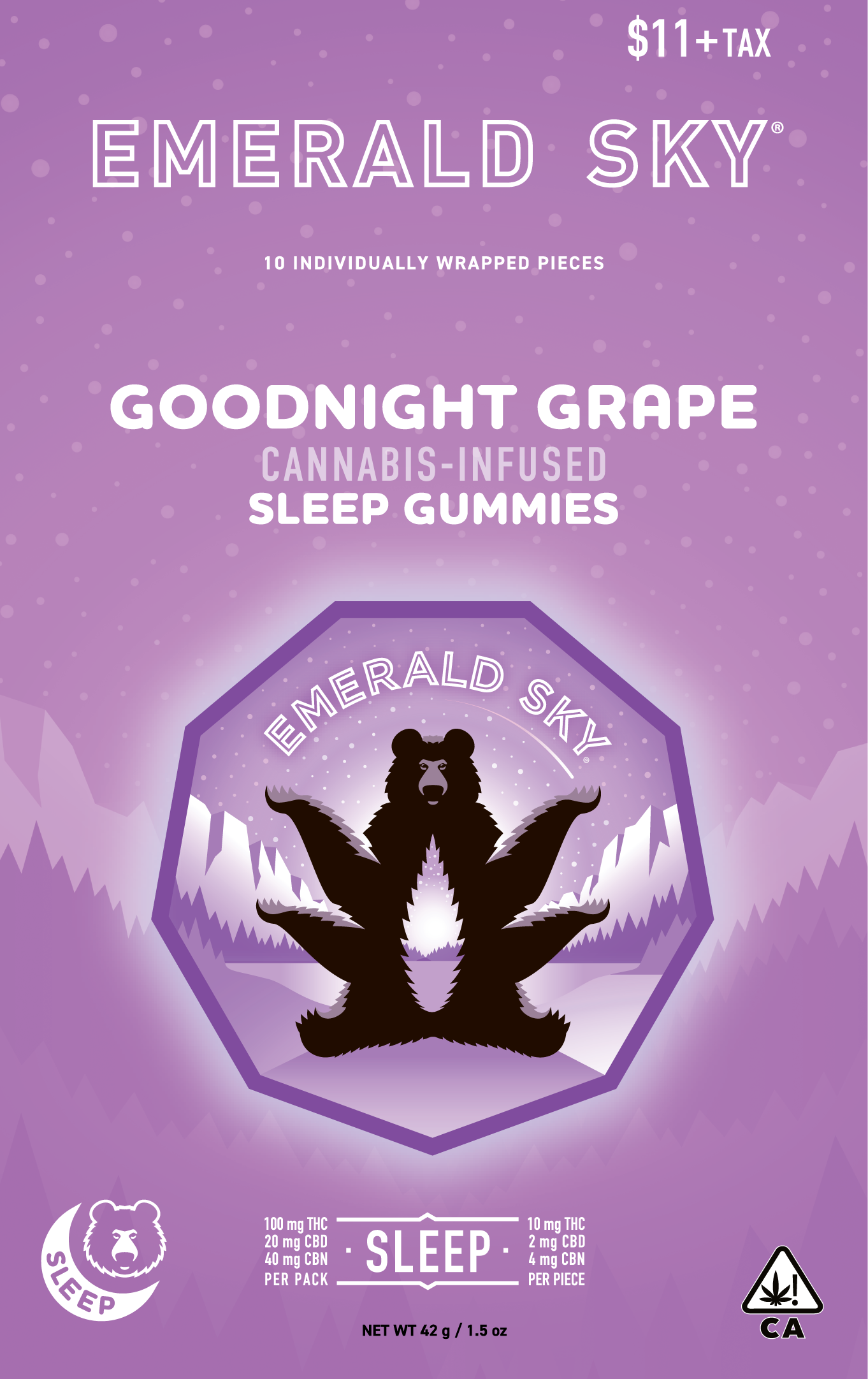 A photograph of Emerald Sky Gummies 10ct 100mg Goodnight Grape Sleep