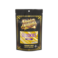 A photograph of Golden Nuggets Flower 14g Bag Indica Glookies