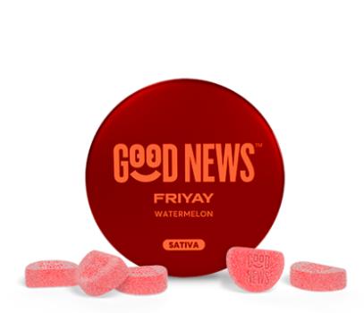 A photograph of Good News Sour Friyay Gummy 100mg, 10pc Tin