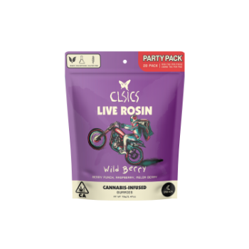 A photograph of CLSICS Live Rosin Gummies Indica Wild Berry 20-Piece