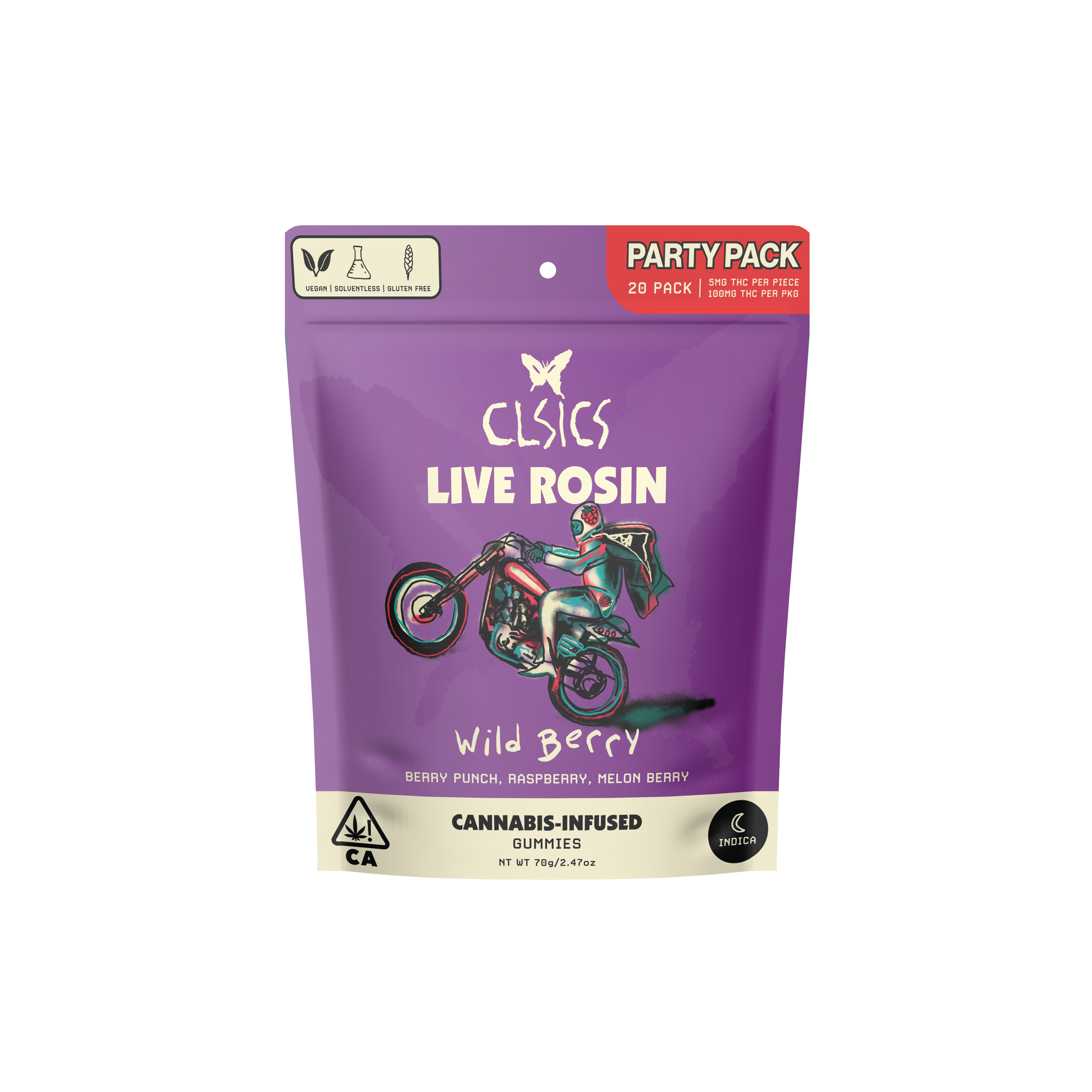 A photograph of CLSICS Live Rosin Gummies Indica Wild Berry 20-Piece
