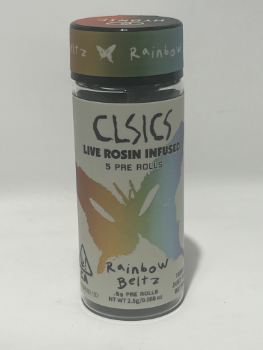 A photograph of CLSICS Rosin Preroll 5pk .5g Hybrid Rainbow Beltz