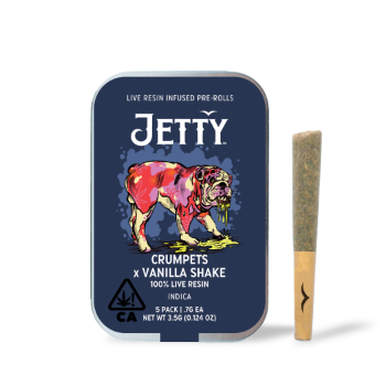 A photograph of Jetty Live Resin Preroll Crumpets x Vanilla Shake 5pk