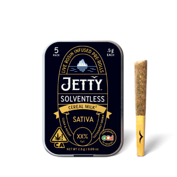 A photograph of Jetty OCAL Solventless 2.5g Rosin Preroll Cereal Milk x Milk Cereal 5pk