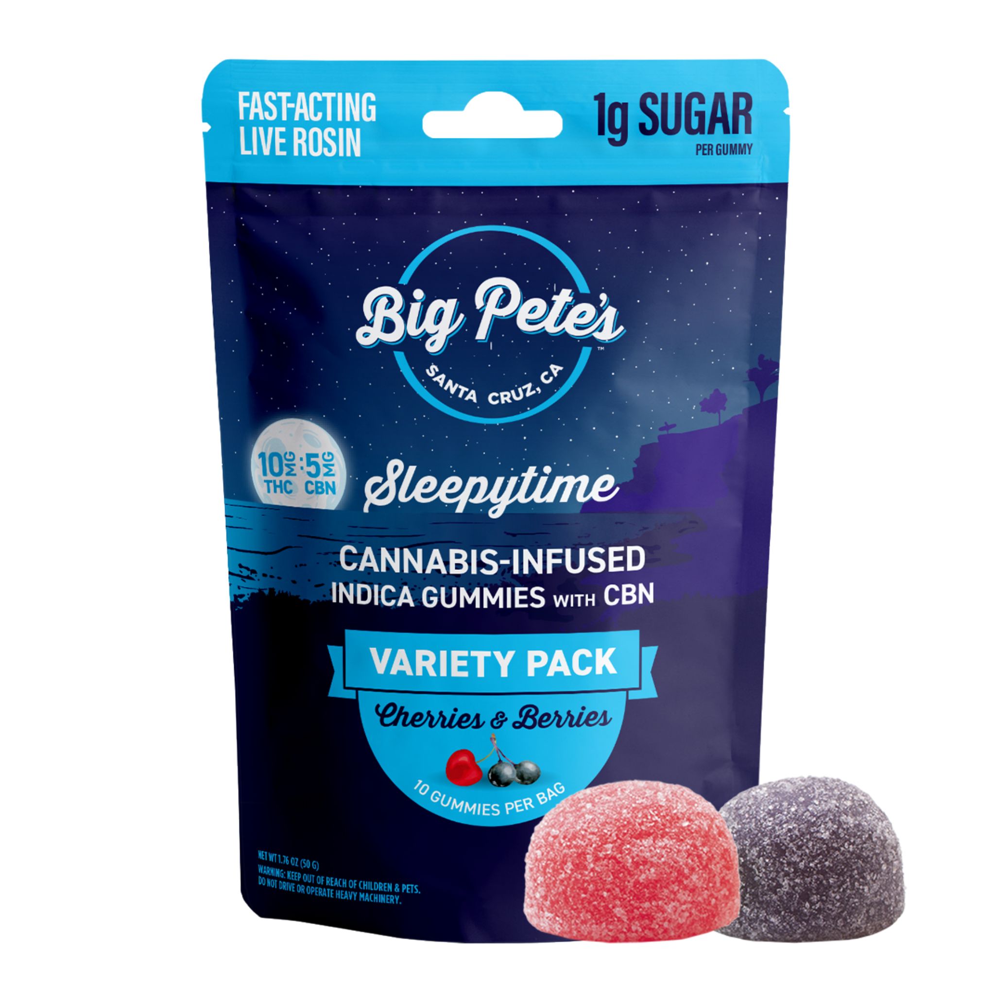 A photograph of Big Pete's Gummies Sleepytime Fast-Acting Indica Cherries & Berries 2:1 10pk