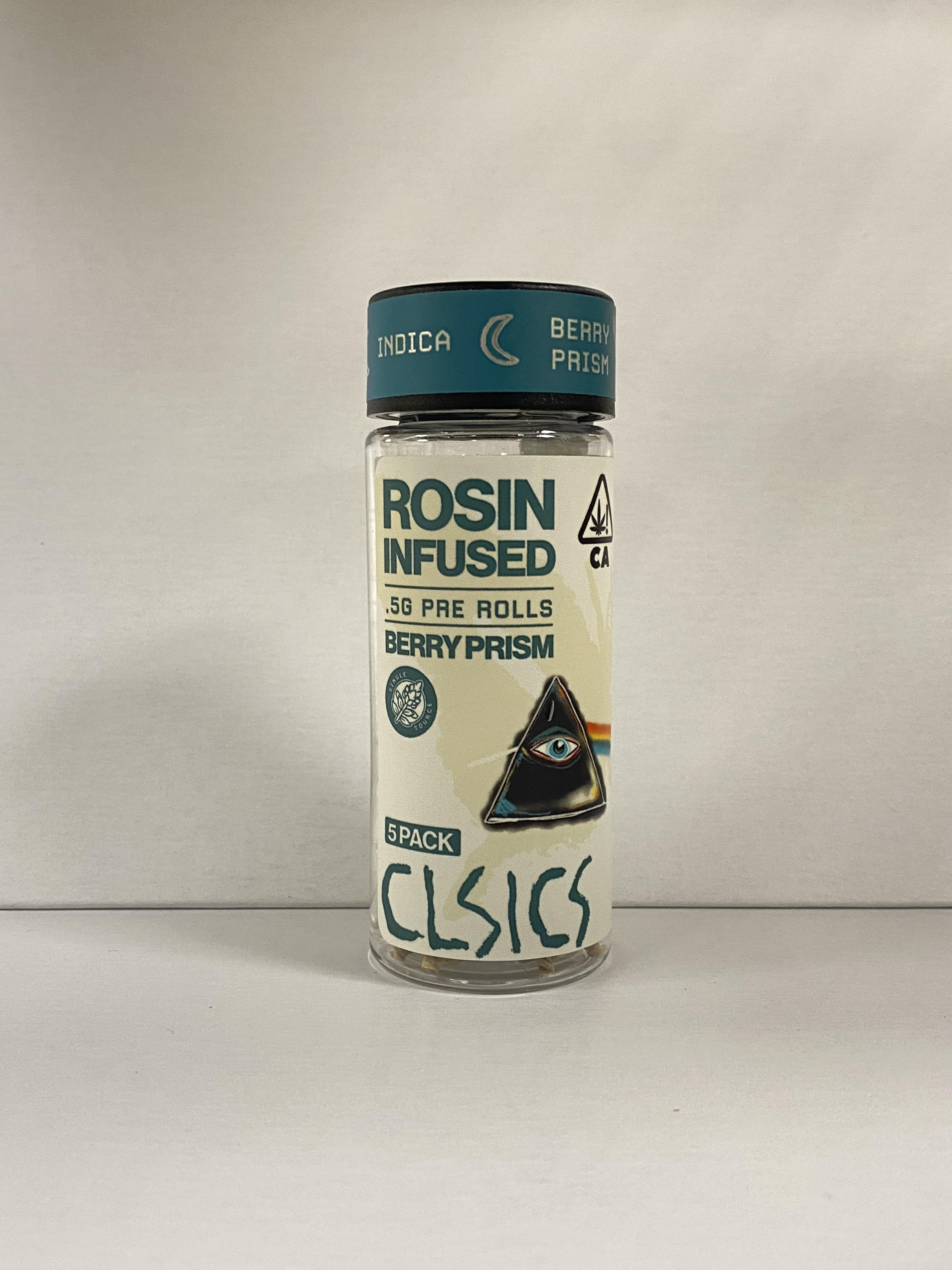 A photograph of CLSICS Rosin Preroll 5pk .5g Indica Berry Prism