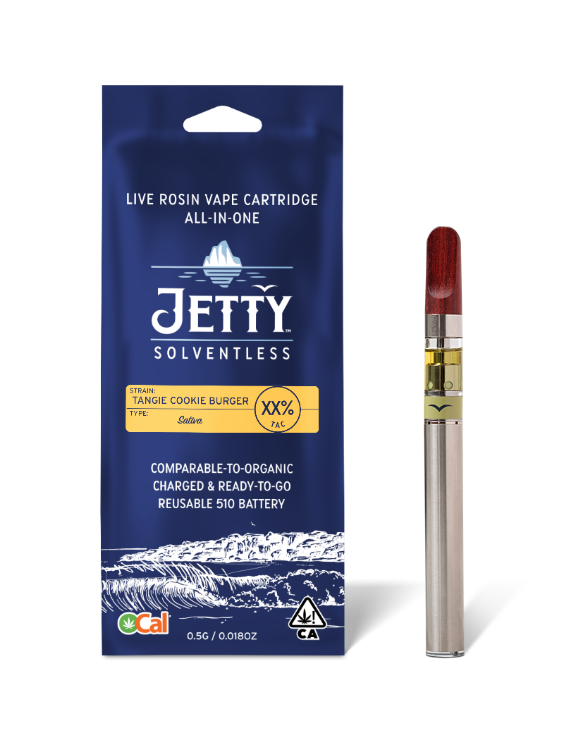 A photograph of Jetty Cartridge OCAL .5g Solventless Tangie Cookie Burger All in One