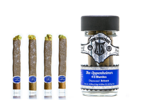 A photograph of AE PLATINUM El Bluntito .85g 4pk Diamond Infused Indica The Oppenheimer 3.4g