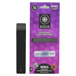 A photograph of Solis All-In-One Vape 1g Indica King Louie XIII Kush