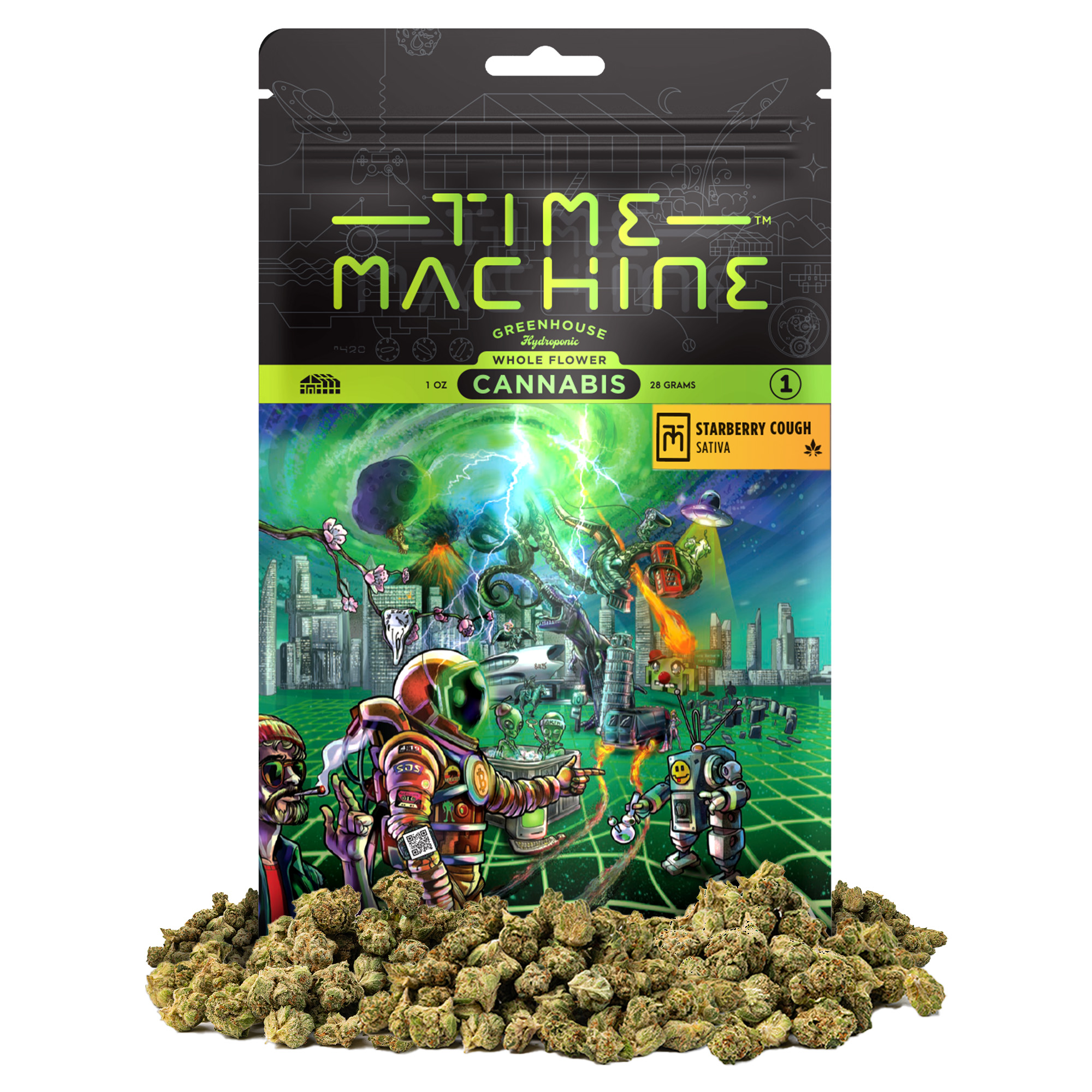 A photograph of Time Machine Flower 28g Sativa Starberry Cough 4ct