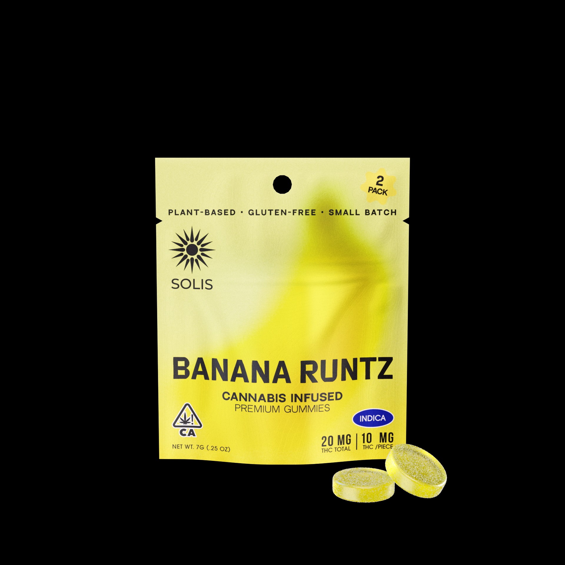 A photograph of Solis Gummies Indica Banana Runtz 2Pk