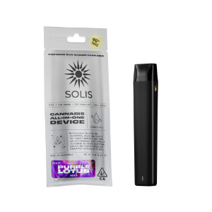 A photograph of Solis All-In-One Vape 1g Indica Purple Lotus