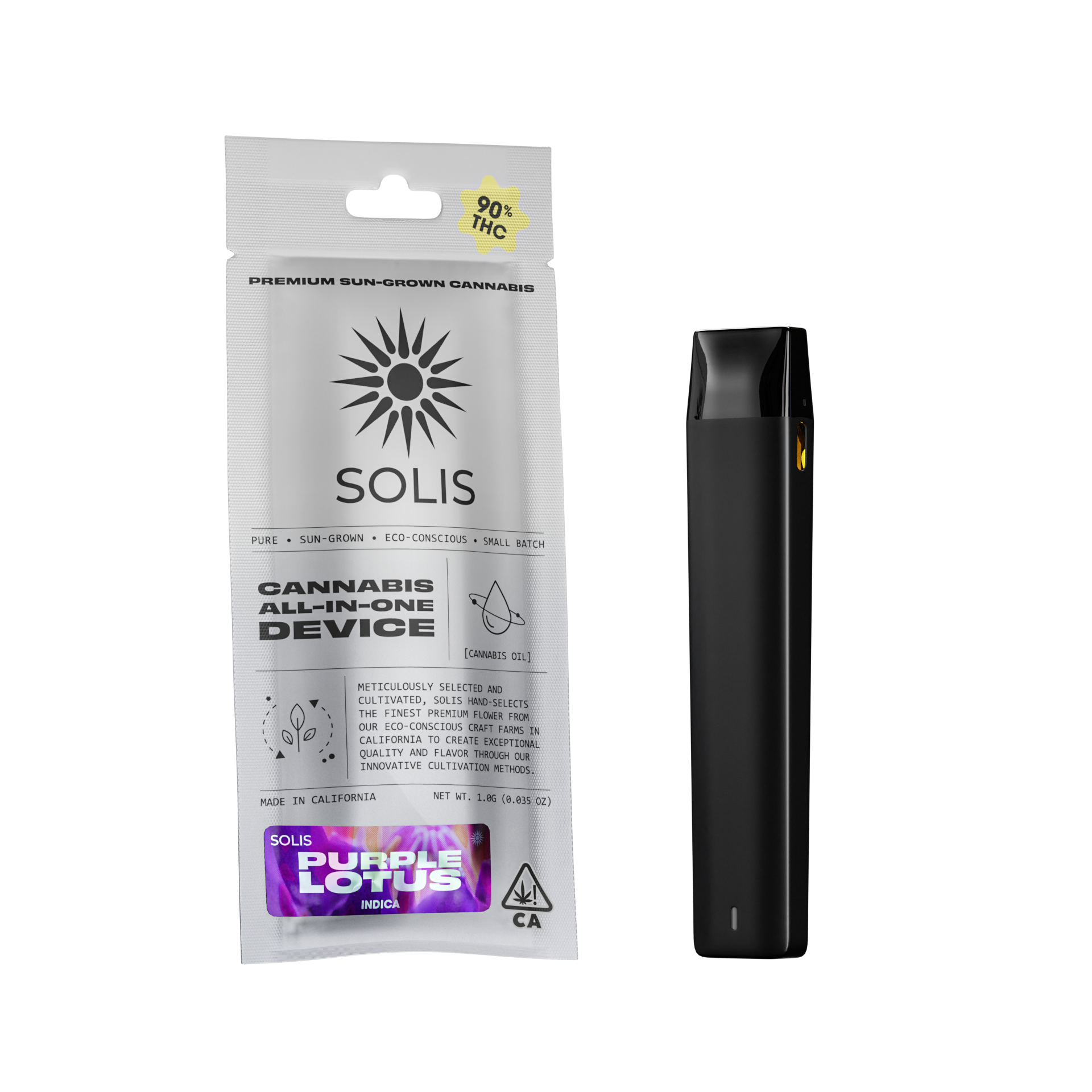 A photograph of Solis All-In-One Vape 1g Indica Purple Lotus