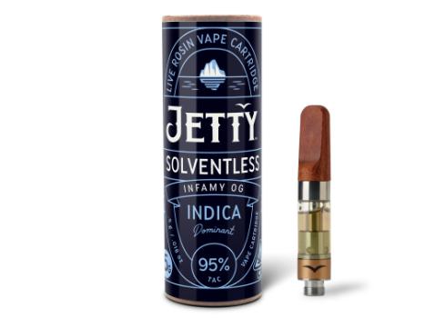 A photograph of Jetty Cartridge 0.5g Solventless Infamy OG