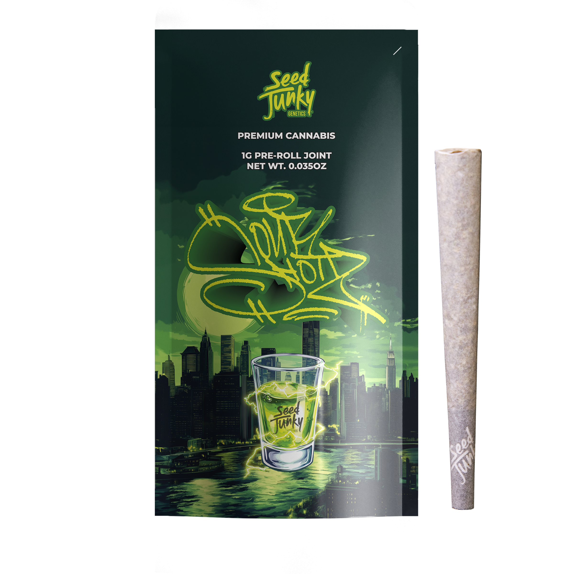 A photograph of Seed Junky Preroll 1g Sativa Sour Shotz 24ct